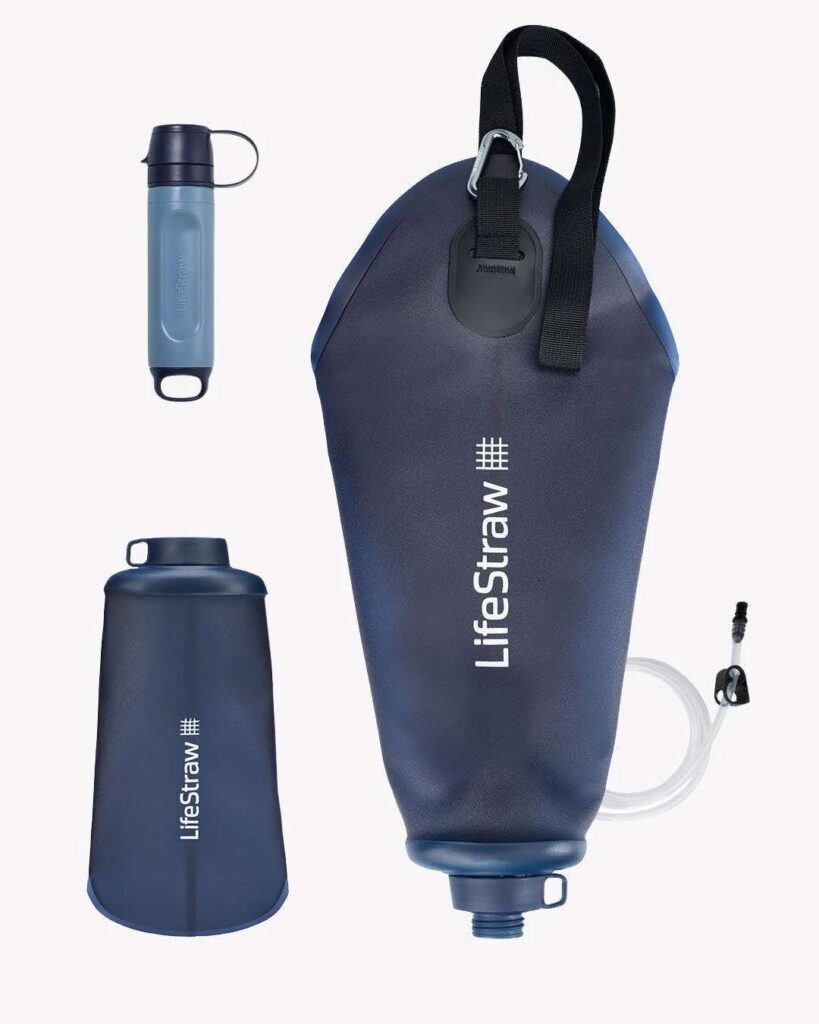 3 in 1 Wasserfilter | mit Filter, 3L Schwerkraftbeutel und Flasche
