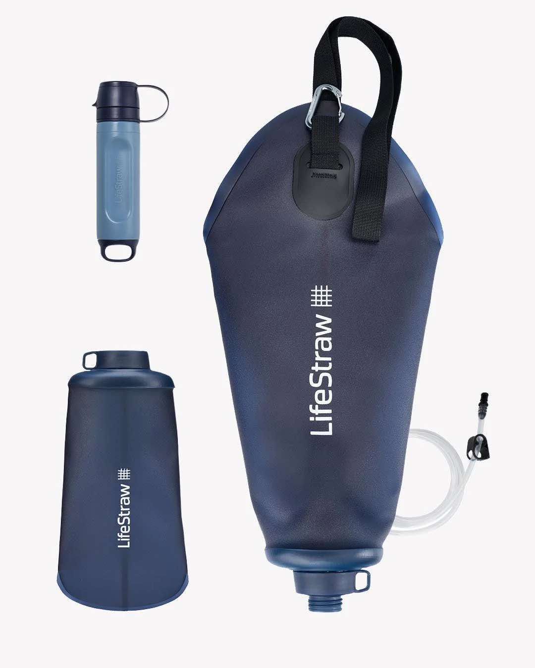 3 in 1 Wasserfilter | mit Filter, 3L Schwerkraftbeutel und Flasche