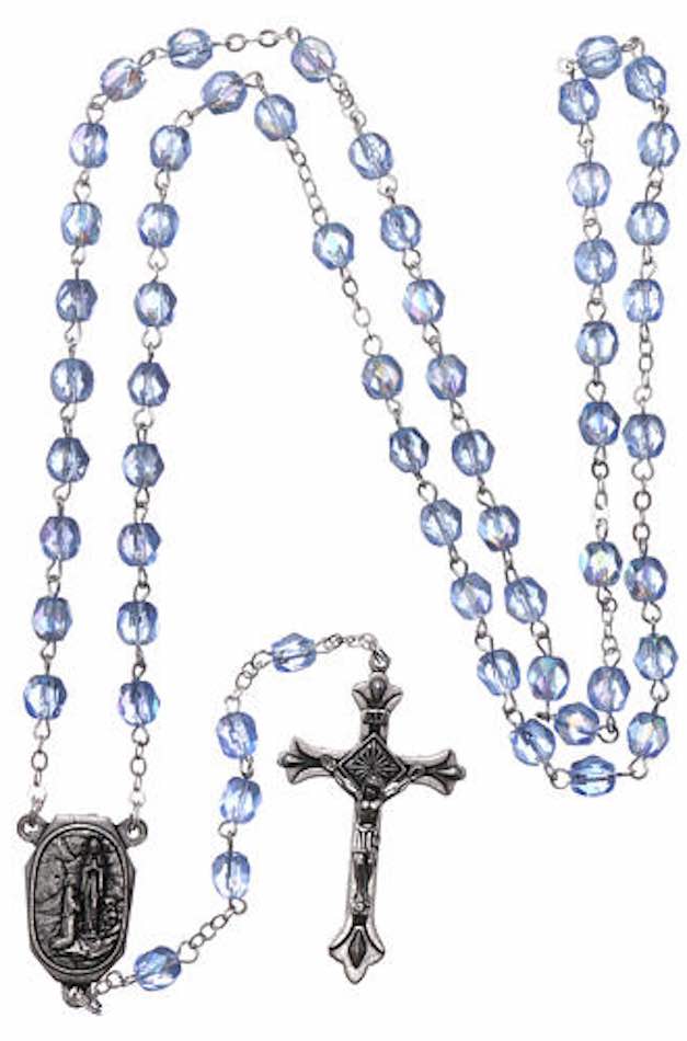 Rosenkranz Madonna mit Lourdes Wassertropfen 5 mm | blaue Glasperlen